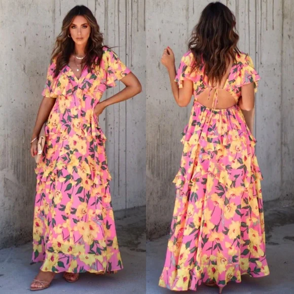 vici pink floral dress Romantic Glow Ruffle Floral Mini Dress VICI